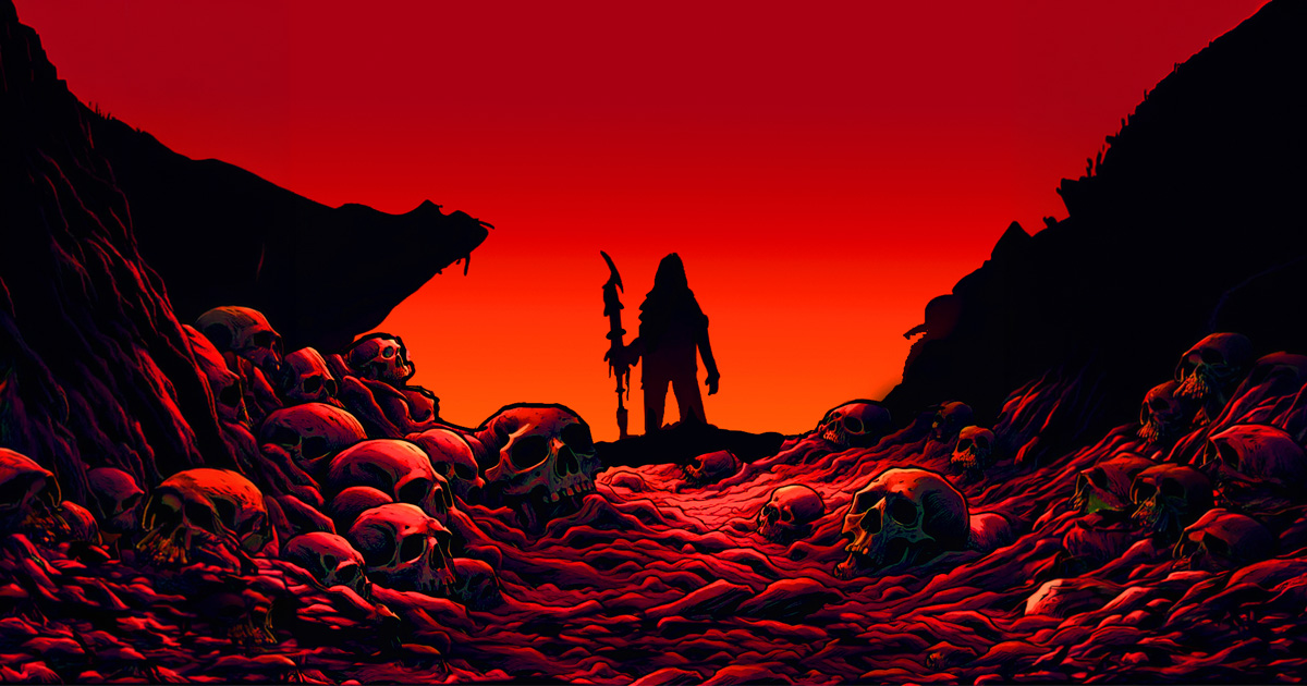 SurvivorZ:Arena — A survivor stands on a field of skulls beneath a blood-red sky